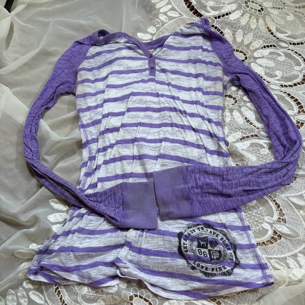 Y2K Victorias Secret PINK Purple Striped Burnout Henley Long Sleeve Top Medium